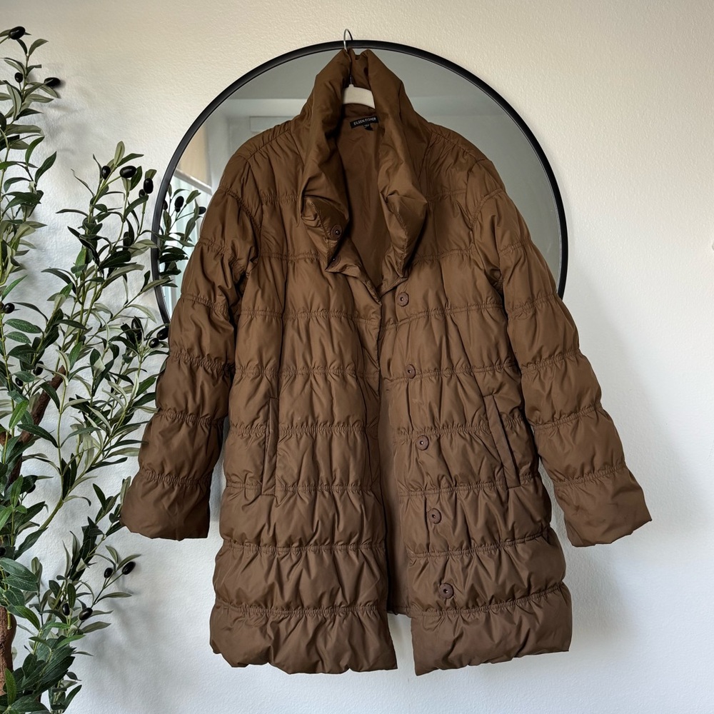 Eileen Fisher Tan Brown High Collar Quilted Down Puffer Coat, S
